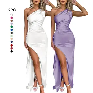2PC Women's  One Shoulder Satin High Split Cocktail Fit Wedding Party Maxi Formal Dress