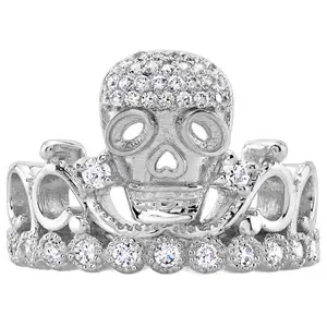 Guliette Verona Rhodium-plated Sterling Silver CZ Skull Crown Ring