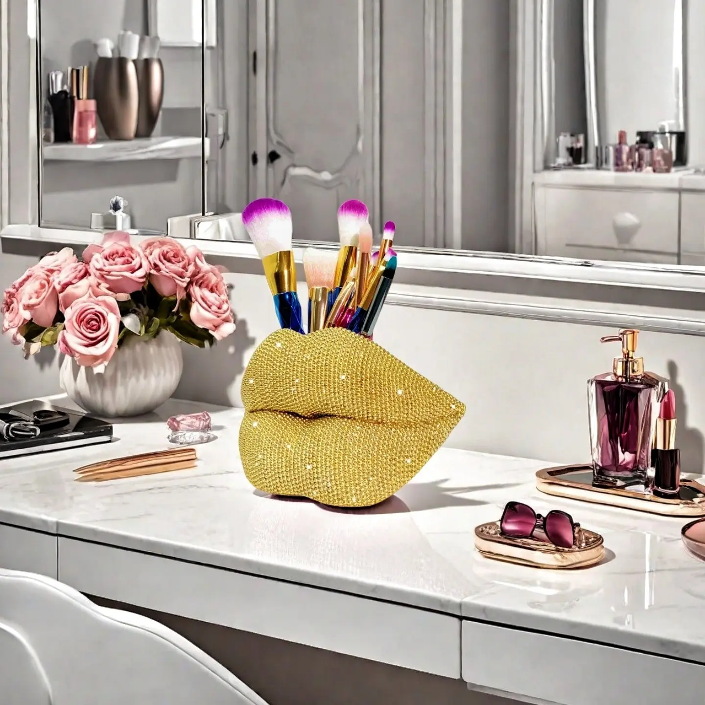 Sexy Lip Statue Ornament, Shimmering Storage Decor, Luxury Makeup Brush Holder, Makeup Cosmetic Organizer, Cosmetic Tools Organizer, Cosmetic Organiser, Ideal for Vanity, Bathroom, Christmas Gift, Gloss Organizer