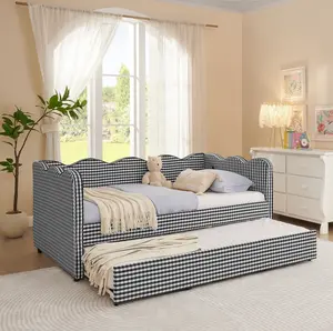 Cozy Gingham Daybed with Trundle Twin Size Sofa Bed No Box Spring Needed, with USB Port and Adorable Wave Shaped, Linen Fabric