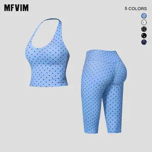 MFVIM Women’s Retro Small Polka Dot Halter Neck Back-Enhancing Two-Piece Set with High-Waisted Capris — Outdoor Running, Casual, Pilates Sports Outfit