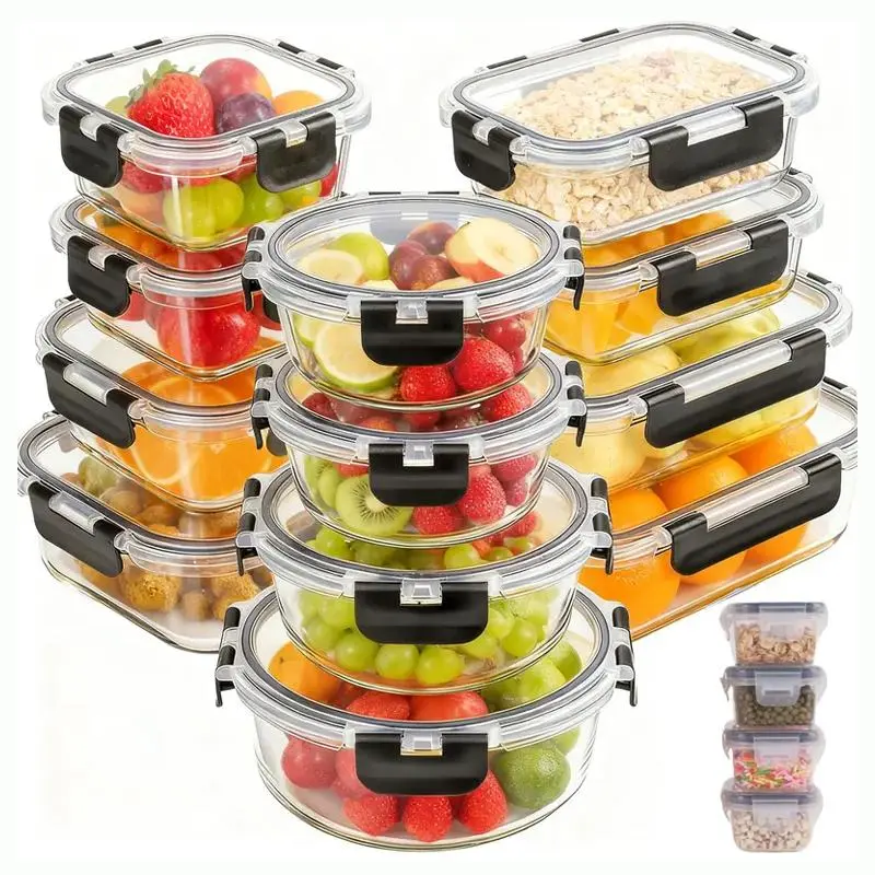 Food Grade Borosilicate Glass Bowls Set 12 18PCS Integrated Lock Airtight Silicone Seal Leakproof Dustproof Durable Reusable Microwave Safe Food Storage Organizer for Home Daily Use