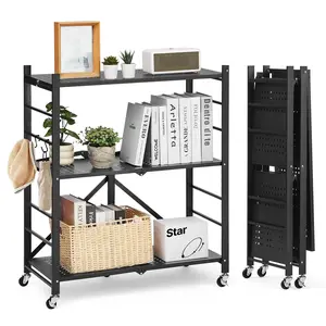 VEVOR 3-Tier Foldable Storage Shelf, Summervibes,Summervibes, 30W x 13D x 36H Inch Folding Metal Rack Shelving Unit, No Assembly Organizer Shelf with 5 Wheels & 4 Hooks for Pantry, Kitchen, Garage, Basement, Black