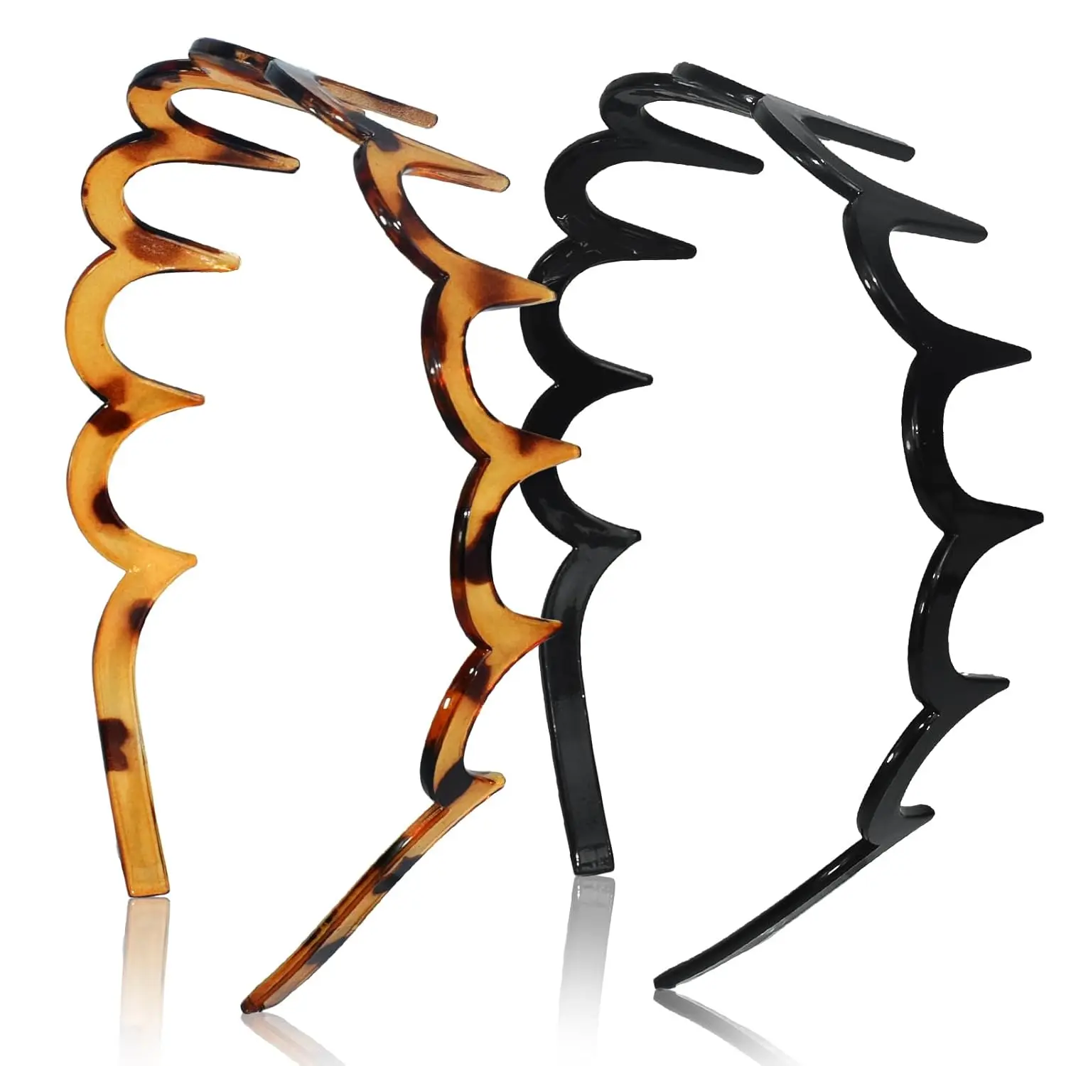 2-Pack U-Shaped Comb Headbands for Women, Recycled Plastic Hairband in Black & Tortoise, Non-Slip for Slick-Back Volume, Braid Styling & Workouts, Braid Headbands
