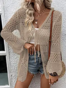Women's Solid Color Hollow Out Tie Front Crochet Cardigan, Casual Long Sleeve Knitwear for Summer, Fashion Women's Knit Clothing for Daily Wear