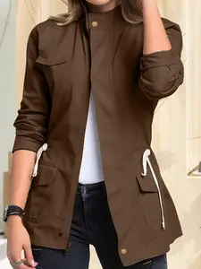 Women's Basic Casual Fit Stand Collar Long Sleeve Woven Jacket, Drawstring Waist Zipper Pocket Design, Fall & Winter Fashion Outerwear Coats