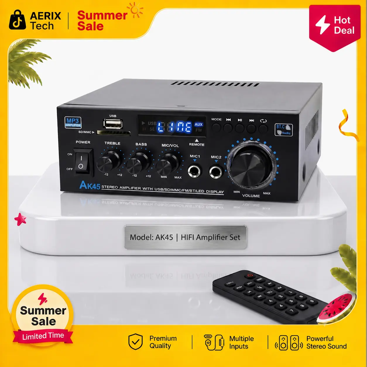 Aerix Tech AK45 Bluetooth 5.0 HiFi 2.0 Channel Digital Stereo Amplifier with USB, SD, RCA, Dual Microphone Support, Smartphone Connection for Karaoke, Home Theater Audio Streaming