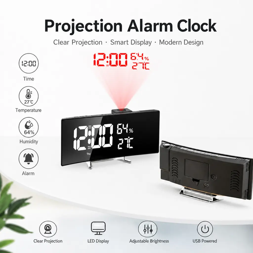 Curved LED Projection Lighted Wall Clock - 180-Degree Rotatable Projection (Fits Wall & Ceiling), 2-Level Adjustable Intensity, Dual Power Supply, LED Display Home Decor for Bedroom