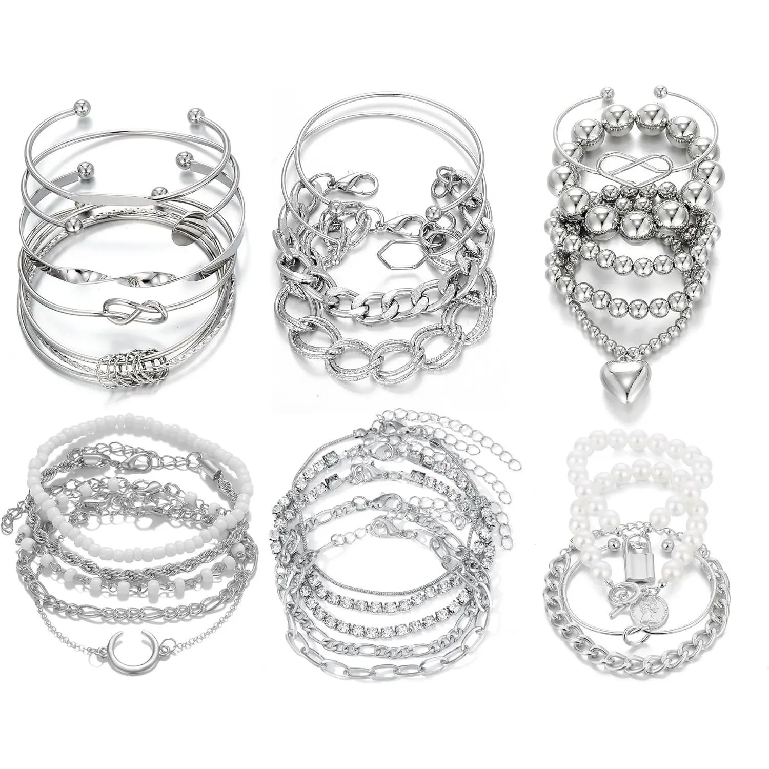 6-Pack Boho Bracelet Sets (24 Total), Plated Adjustable Cuffs & Chains for Women,Mix & Match Layered Jewelry