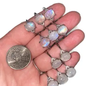Moonstone Silver Adjustable Rings Moonstone Rings Silver Plated Rings Moonstone Crystals Flashy Moonstone