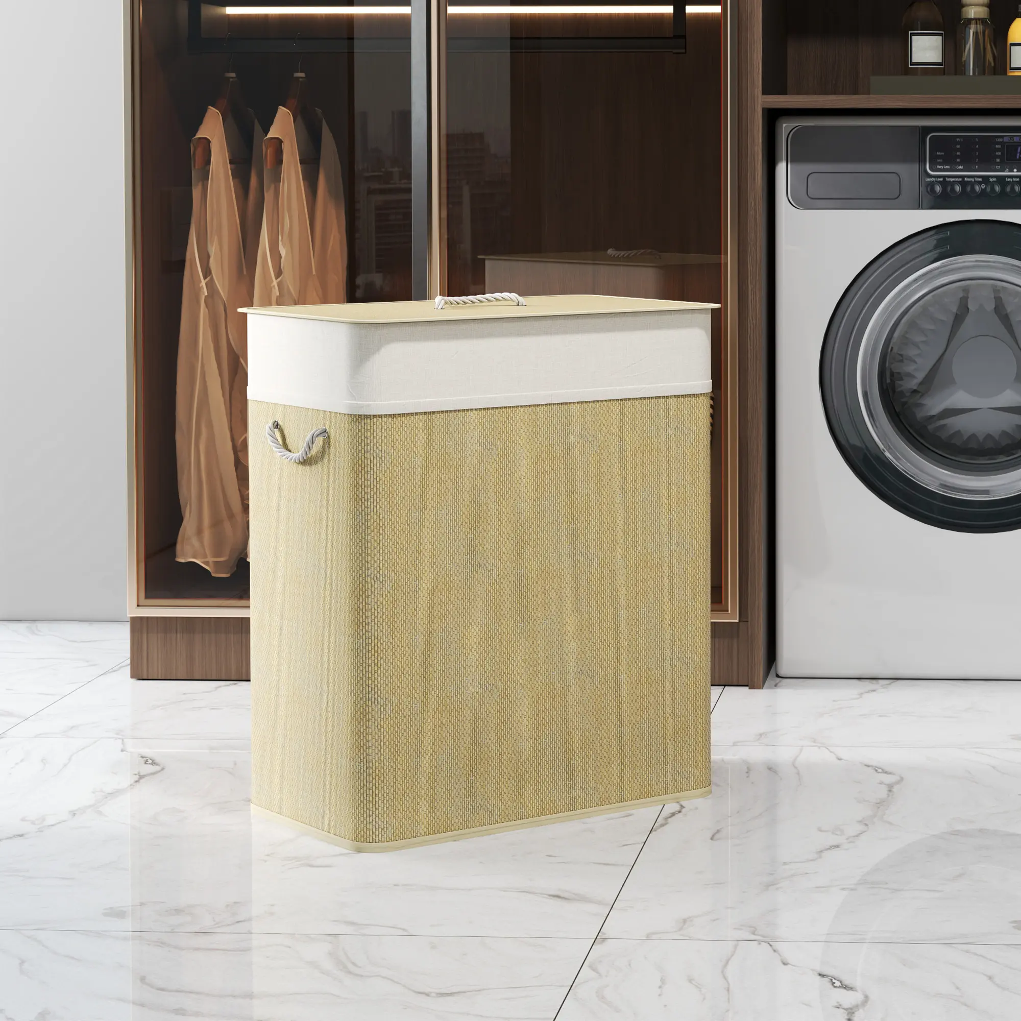 Double compartment bamboo laundry basket with lid 264 gallon rope handles removable liner for bedroom laundry room