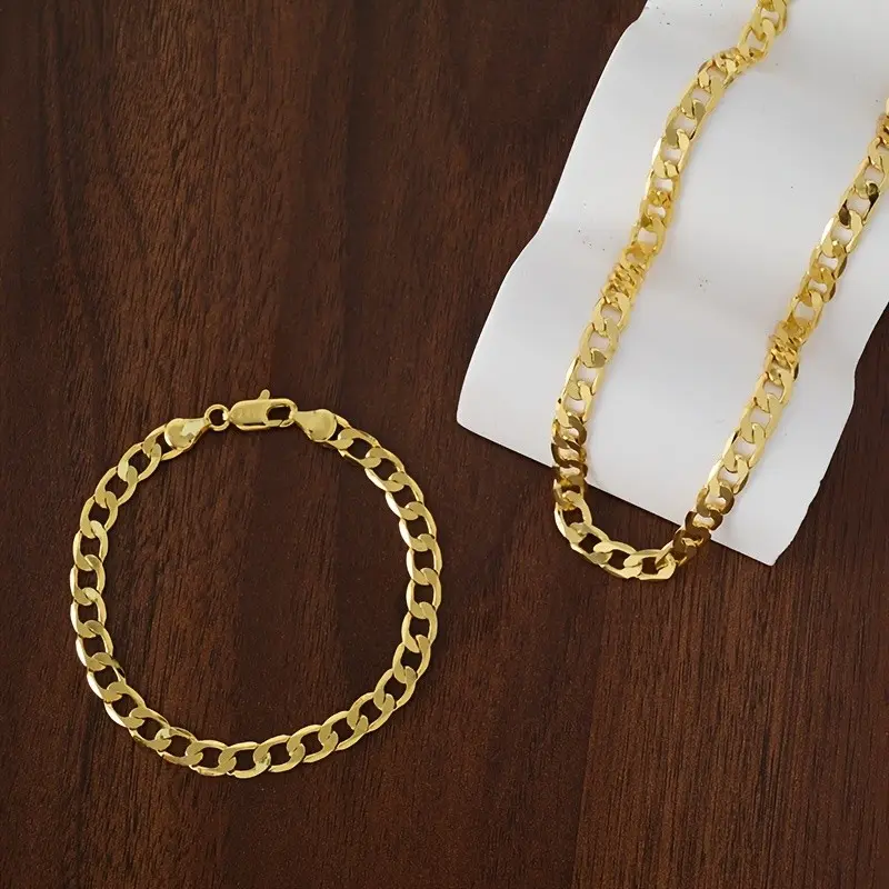 925 Silver, 24K Golden-plated Jewelry -6mm Wide - Cuban Necklace + Bracelet Set - Fashionable Jewelry for Men And Women - Classic Chain - Daily Wear - Party Wear - Independence Day Gift - Graduation Gift - Birthday Gift