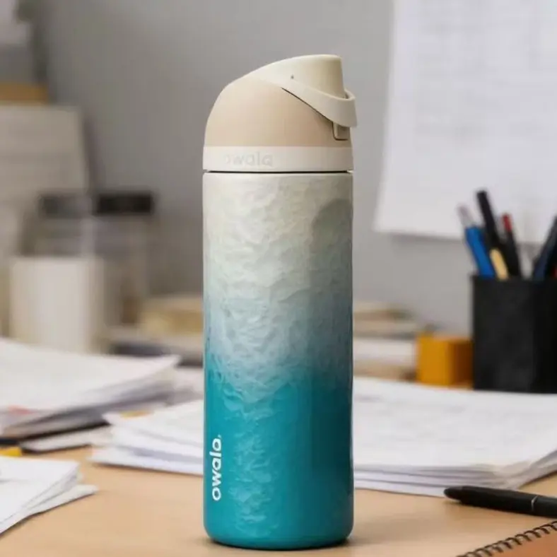 Owala Rolling In 24oz FreeSip Insulated Stainless Steel Drinkware, Stylish Leakproof Ocean Blue Travel Water Bottle