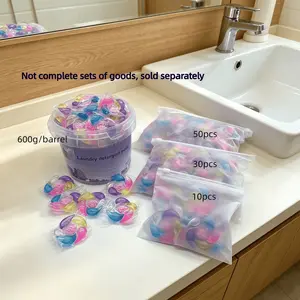 6-in-1 Laundry Pods, Laundry Detergent Pods, deep stain removal, long lasting fresh scent, fast dissolving and odor removal, gentle fabric care, available in 10, 50 pieces portable bags and 600g large capacity bucket for home daily use