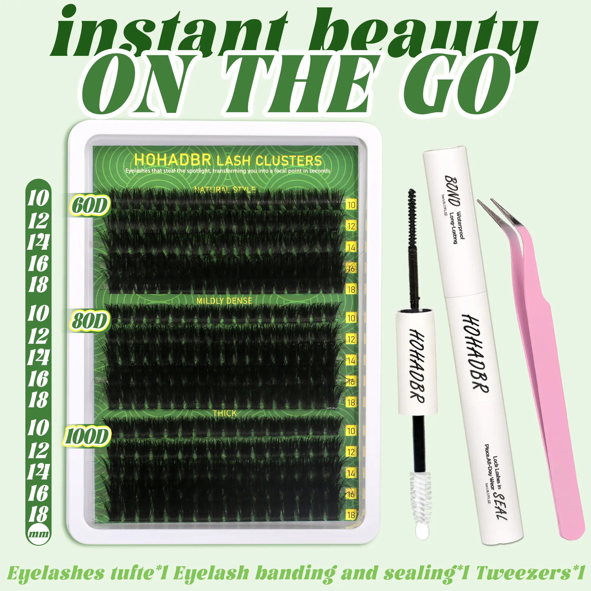 HOHADBR 60D+80D+100D Thick Volume Individual Lashes 10-18mm Cluster   Lash Clusters Wispy Lash Extension Lashes D Curl Cluster Eyelash Extensions DIY Lash by Self with Bond and Seal Lash Tweezers
