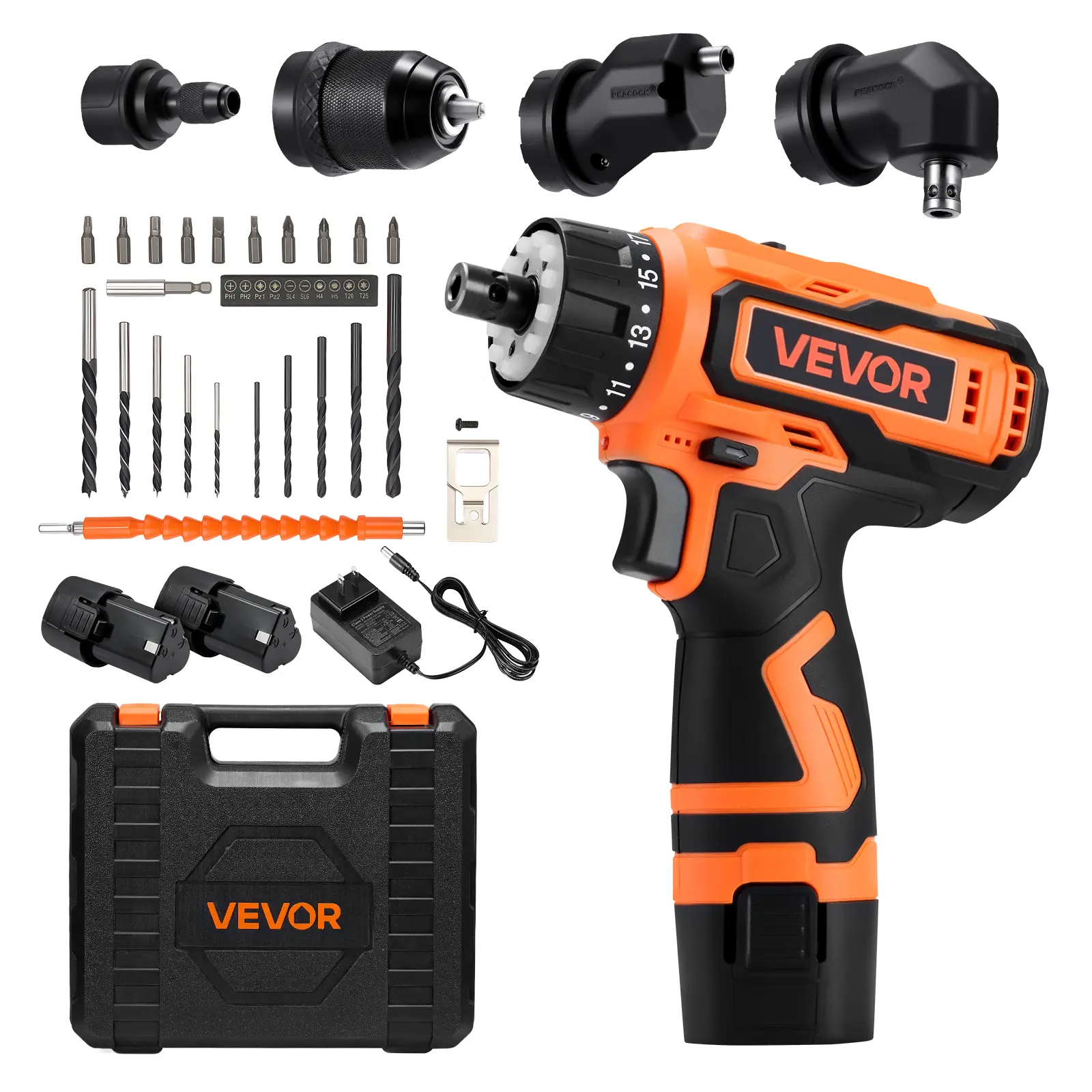 【summerfinds】VEVOR Cordless Power Drill Driver, 5-In-1 Rechargeable Lithium Model with Metal Chuck, Dual-Speed Variable, Drill Attachment, 2 Batteries, Charger, Tool Box, for Wood/Metal Drilling, Screw Tasks (Power Tools), Rechargeable Lithium Drill