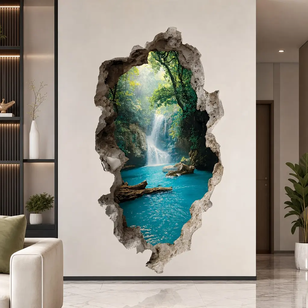 Ripped Valley Waterfall Scenery Wall Decal, Decorative Landscape Wall Sticker, Interior Stickers, Wall Art Decals - Removable Glossy Plastic Sticker, Suitable for Classroom, Bedroom Decoration - Multi-Surface Home and Commercial Wall Art