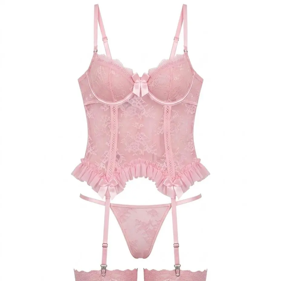Pink Lace Coquette Corset 4-Piece Set - Underwire Fishbone Bustier with Garter Straps, Thong & Mesh Sleeves - Cute Ribbons Y2K Lingerie Set for Women Underwear Sets