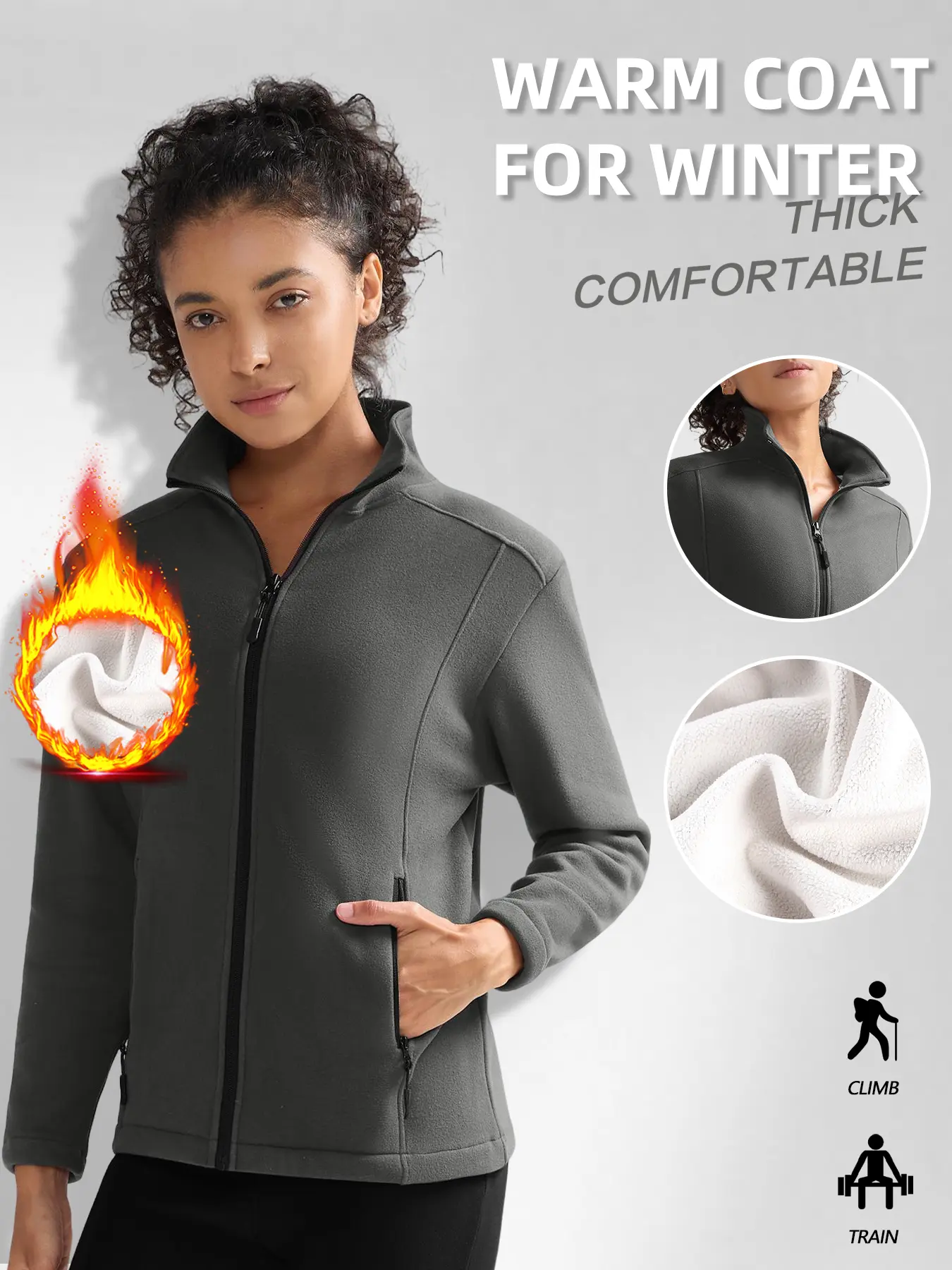 Women's Fleece Lined Jacket Coat, Tech Fleece Windproof Warm Soft Inner Layer, Hiking Camping Climbing Skiing Running Casual Outdoor Sports Fitness Athletic Outerwear