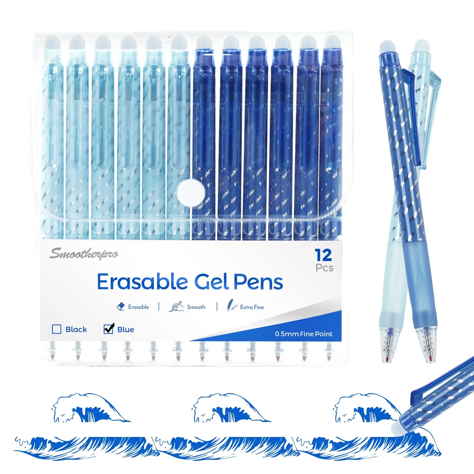 SMOOTHERPRO Erasable Gel Ink Pens, 12 Pcs 0.5 mm Fine Tip Pens with End Rubbers for Effortless Corrections, Smooth Flow Office Stationery for Adults, Ideal for Daily Office Work
