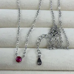 <PingEast jewelry > 925 Sterling Silver Pendant Necklace with 2mm Natural Burmese Mogok Ruby Bead in Silver Tone