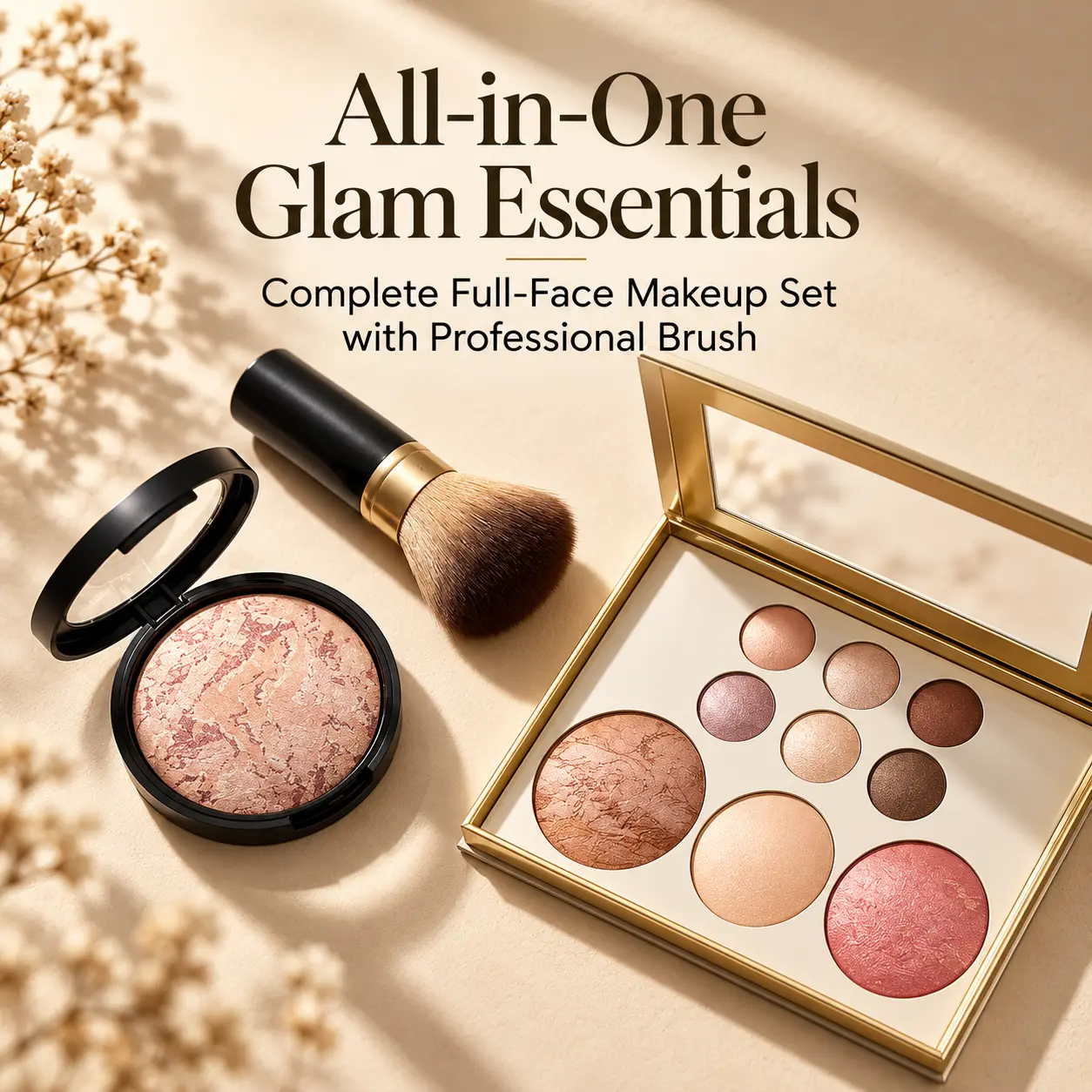 3-Piece Makeup Set with Face and Eye Palette, 15 g Baked Powder Foundation and Makeup Brush, Eyeshadow, Blush, Bronzer and Highlighter in a Mirrored Palette for Everyday Makeup and Travel Beauty Routines Cosmetic Compact Lightweight Smooth