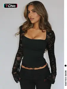 Women's Solid Color Lace Floral Spliced Ruffles Trim Sheer Long Sleeve Tee, Sexy Flower Pattern Designed Slim-fit T-shirt for Party Club Holiday, Ladies Summer Clothes, Top