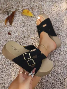 Women's Faux Leather Cross Strap Double Buckle Chunky Sole Sandals, Crossband Slide Sandals, Fashionable Casual Comfy Strappy Summer Shoes, Solid Pattern, Less Than Ankle Height