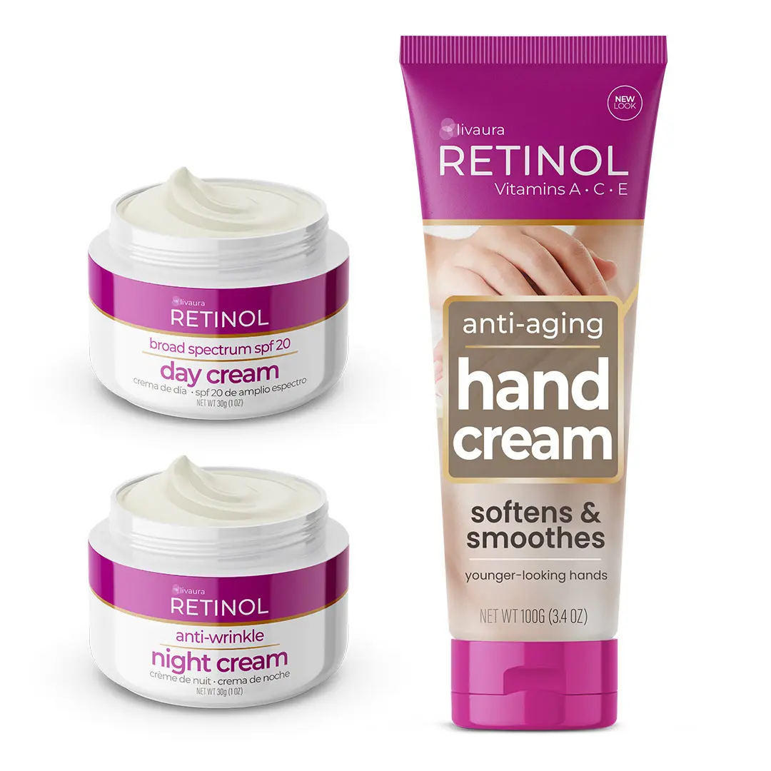 Retinol Anti-Aging Skincare Set - Night & Day Cream + Hand Cream Duo: Vitamin A Retinol + Vitamins C & E + Green Tea Extract - Face, Hands, Nails & Cuticles Skincare Set