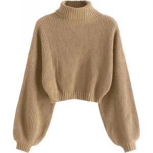 Women'sCroppedTurtleneckSweaterLanternSleeveRibbedKnitPulloverSweaterJumper