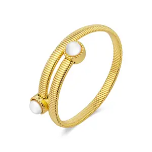 Aprilery Elegant Pearl-Accented Coil Cuff Bracelet – Sleek Bangle Jewelry for Women Feminine Design
