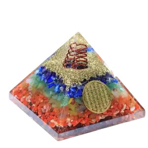 7 Chakra Orgone Pyramid with Golden Flower of Life Emblem for Energy Balance and Harmony Decoration Items Home Decore