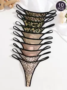 10Pcs Sexy Mesh Half-Transparent Leopard Print Women's Low-Waist Thongs, Lingerie Fitted Drop Waist Underwear for All Seasons