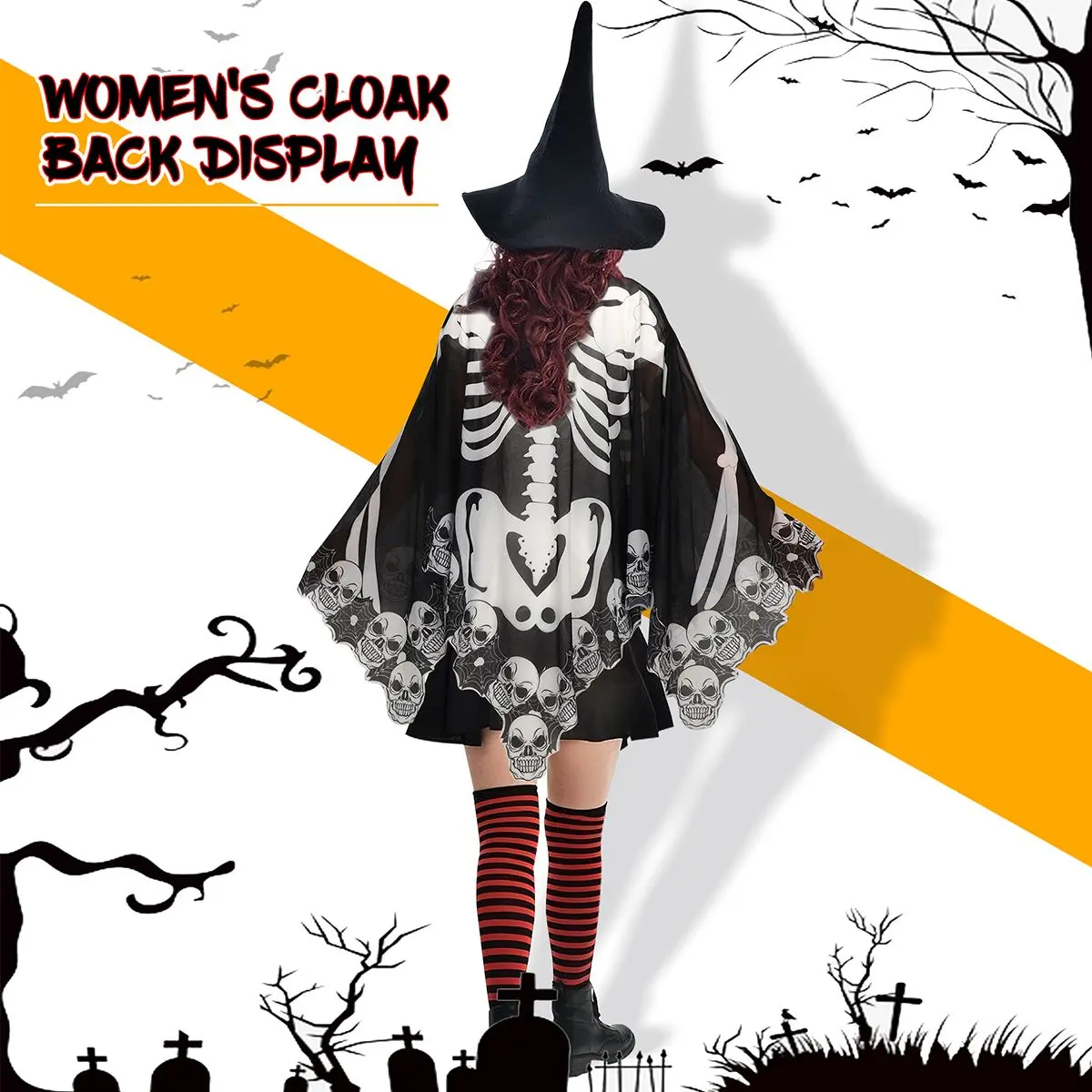 Halloween Skeleton Poncho Skull Bones Lace Skeleton Cape Shawl Halloween Costume Day of The Dead Poncho for Halloween Horror Theme Trick or Treat Birthday Party