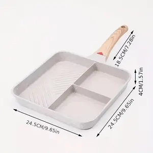 3-Compartment Non-Stick Aluminum Frying Pan with Wooden Handle, Scratch & Rust Resistant, Non Stick Coated, Perfect for Pancakes, Eggs - Campfire, Stovetop & Oven Safe, Easy Clean, Great Holiday Gift