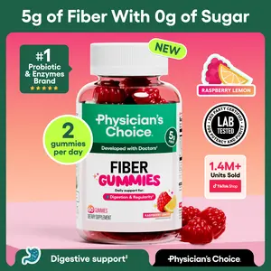 Physician’s Choice Fiber Gummies for Digestive Health & Regularity - Raspberry Lemon Flavor - No Sugar Added & Vegan - Daily Gummy for Adults