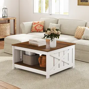 COSTWAY - Farmhouse Coffee Table 31 Inch Square Coffee Table with Storage Shelf-White