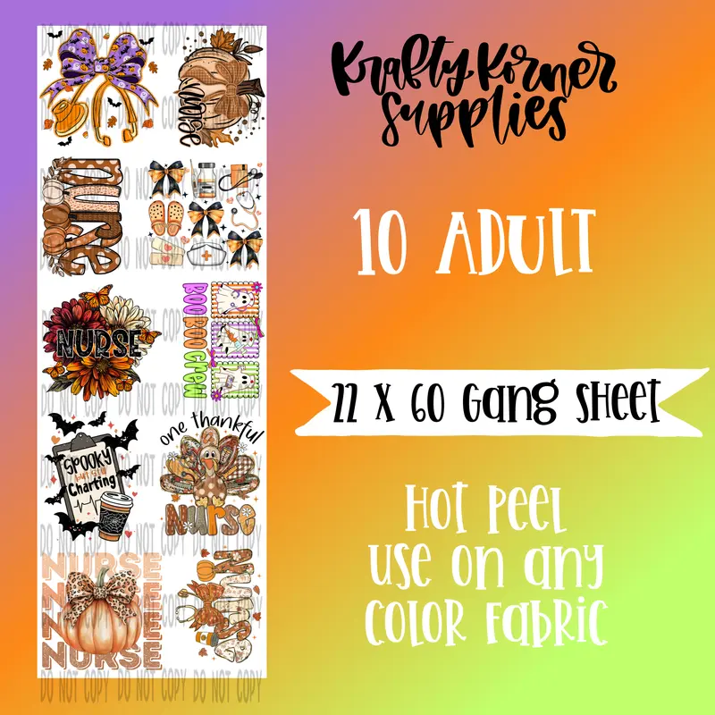Fall Nurse DTF Transfer Gang Sheet, 22 x 60