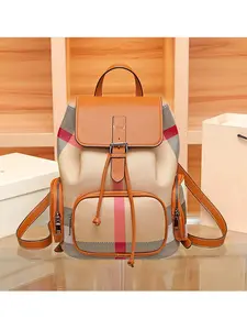 Women's Leather Plaid Pattern Backpack Fashion Large Capacity Casual Travel Bag, Stylish Simple Design for Daily Use & Trips