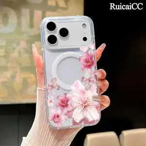 Magnetic Cellphone Case for iPhone 17/16 Pro Max Plus/15/14/13/12/11 - Aesthetic Blush Floral Cascade Pattern, Anti-Yellowing, Shockproof, Ultra-Thin, Wireless Charging-Supporting Silicone Acrylic Cover for Handheld Devices, Mobile Accessories