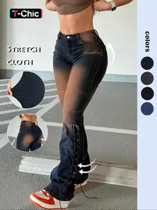 Women's Faded Pocket Button Fly Flare Leg Stretchy Medium Denim Jeans, Casual Street Comfy Lace Up Trousers for Daily Wear, Ladies Bottoms for All Seasons