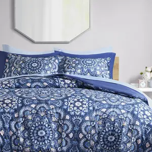 Regency Heights Boho Mandala Juna 9 Piece Bed in a Bag Comforter Set Full Size Blue & White Floral Pattern Cozy Stylish Bedroom Decor