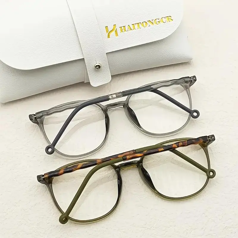 HAITONGCR High Definition Reading Glasses - Unisex Ultra-Light Full Rim Oval Frames, PC & Acetate Material, Olive Green & Gray, Includes Glasses Case & Cleaning Cloth, High Definition Glasses