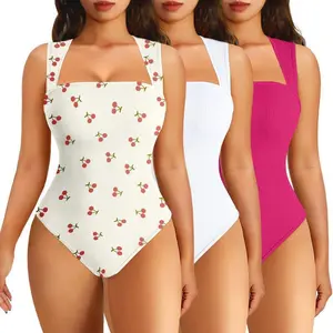 fitness Women's 3-Piece Printed Bodysuit Set Ribbed Square Neck Sleeveless Stretchy Top Nylon Spandex Casual Chic Elegant Comfortable