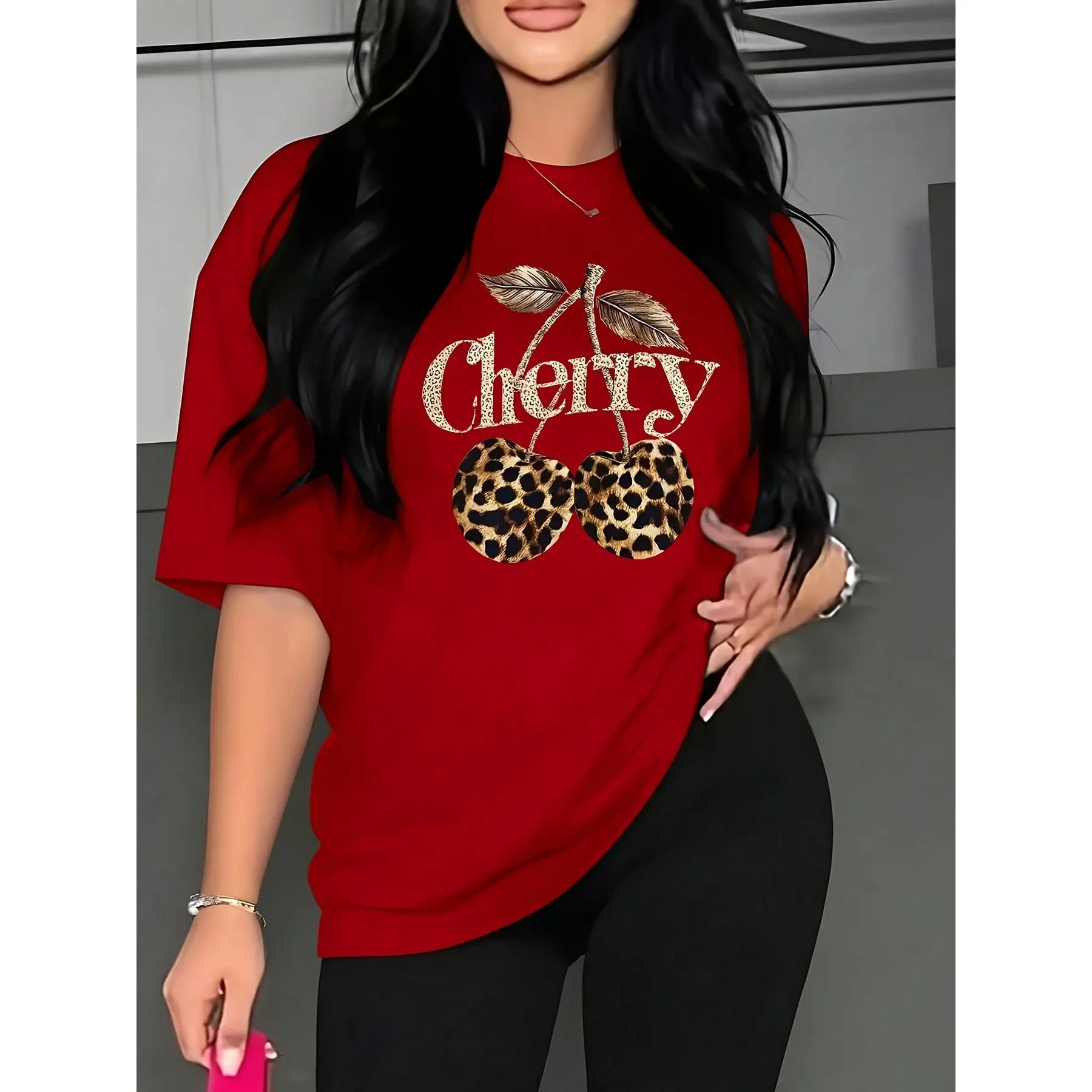 Classic Graphic Tee, Casual Oversized Unisex Top with Leopard Cherry Print & Gold Glitter, Smooth 100% Cotton, Tops, Fabric, Short Sleeves, Wardrobe Staples, Asymmetrical, Machine Washable, Basic, Shortsleeve, Leopard Print, Asymmetrical Cut, All Seasons,