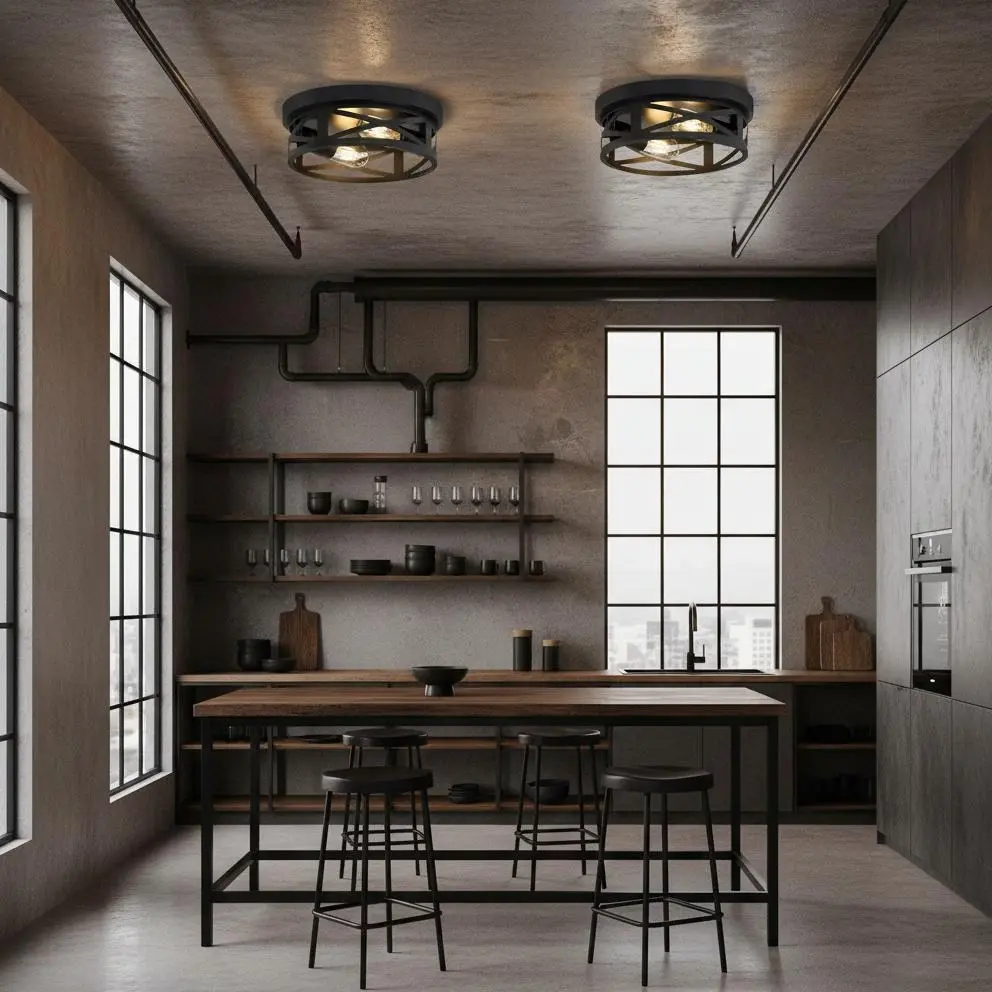 2-Pack Industrial Flush Mount Ceiling Light, Black Round Metal Fixture, Modern Loft Style for Kitchen Hallway Entryway