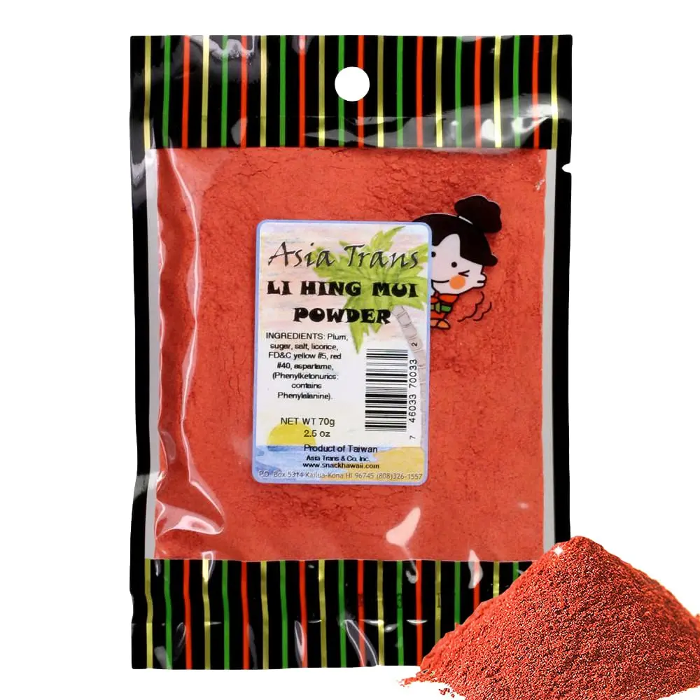 Authentic Red Li Hing Mui Dried Plum Powder - Licorice, Fruity Sweet-Sour-Salted Flavor - 2.5 oz - Ambient Cupboard Storage - Contains Phenylalanine - Universally Tasty - For Fresh Fruit, Shave Ice - Famous Asian Hawaiian Snack - Holiday, Birthday Gift