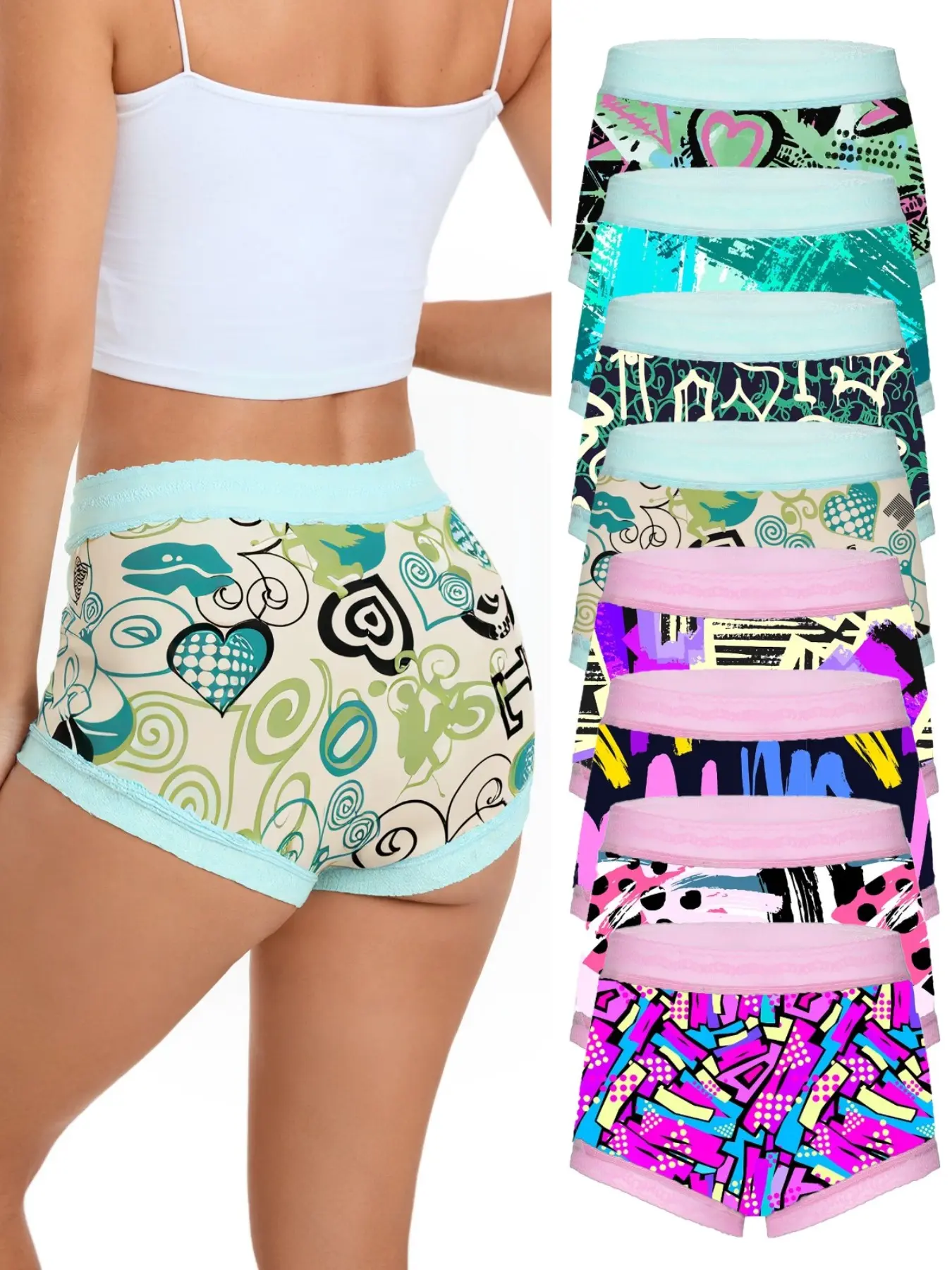 8-Pack Women's Underwear Set, Pop Art Design, Breathable Elastic Fabric, Cartoon Pattern & Contrast Lace Details, All-Season Comfort, Casual Soft Comfy Print Panties, Cute, Casual Comfy Panty