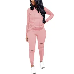 Women's Two Piece Outfits Casual Long Sleeve Top and Ripped Pant Set Distressed Loungewear Tracksuit for Everyday Wear