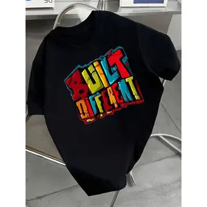Unique "BUILT DIFFERENCE" Building Letter Print T-Shirt for Boys - Casual, Lightweight & Breathable cotton, Short Sleeve Crew Neck Top - Perfect for Spring/Summer Outdoor Activities, Boys T Shirts